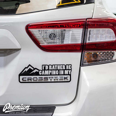 "I'd Rather Be Camping in My" Crosstrek Mountain Range DECAL - Gloss Black