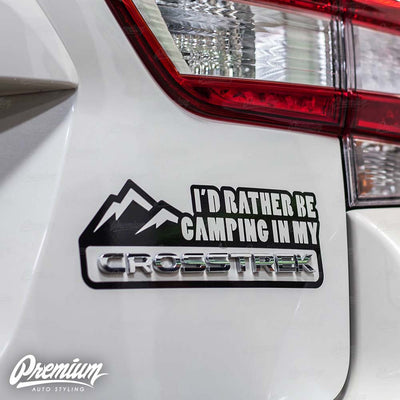 "I'd Rather Be Camping in My" Crosstrek Mountain Range DECAL - Gloss Black