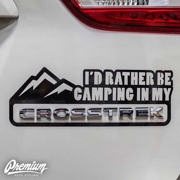 "I'd Rather Be Camping in My" Crosstrek Mountain Range DECAL - Gloss Black