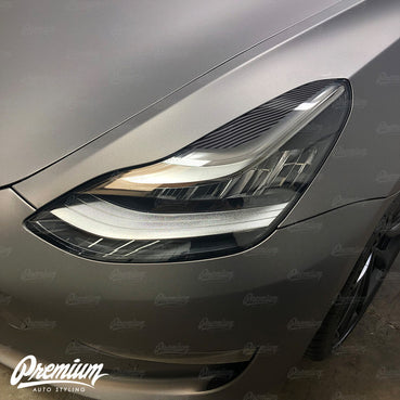 2017-2020 Tesla Model 3 Headlight Eyelid Vinyl Accent Overlay v2 (Small) - Carbon Fiber