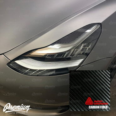 2017-2020 Tesla Model 3 Headlight Eyelid Vinyl Accent Overlay v2 (Small) - Carbon Fiber