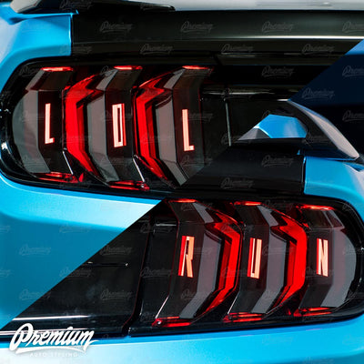 "LOL RUN" Tail Light Black Out w/ Custom Cut Vinyl Overlay - Gloss Black | 2018-2023 Ford Mustang