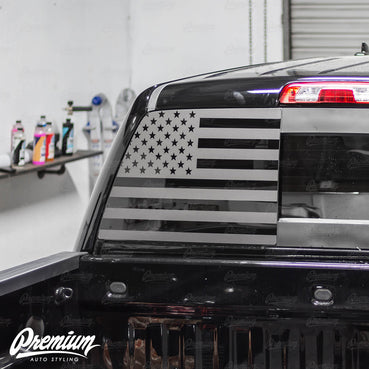 Pre-Cut American Flag Rear Window DECAL - Satin Black / Satin Grey | 2014-2019 GMC Sierra | 2014-2019 Chevy 1500