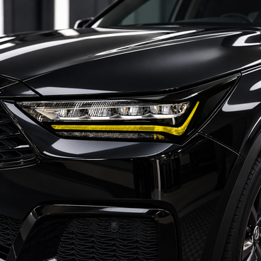 2022–2026 Acura MDX headlight with gloss black amber-delete eyelid and transparent yellow DRL tint overlay installed.