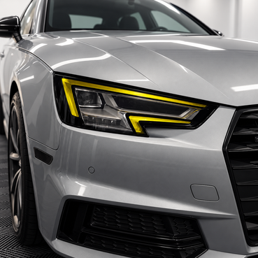 2017–2019 Audi A4 S4 B9 headlight with yellow DRL tint, gloss black eyelid, and side reflector coverage