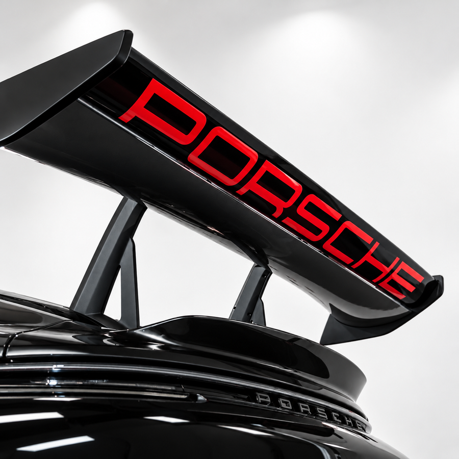 Porsche 911 GT3 RS 992 rear wing with OEM-style replica vinyl decal installed - RED lettering 