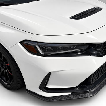 White Honda Civic showing smoked vinyl coverage over the upper DRL strip and outer headlight reflector.
